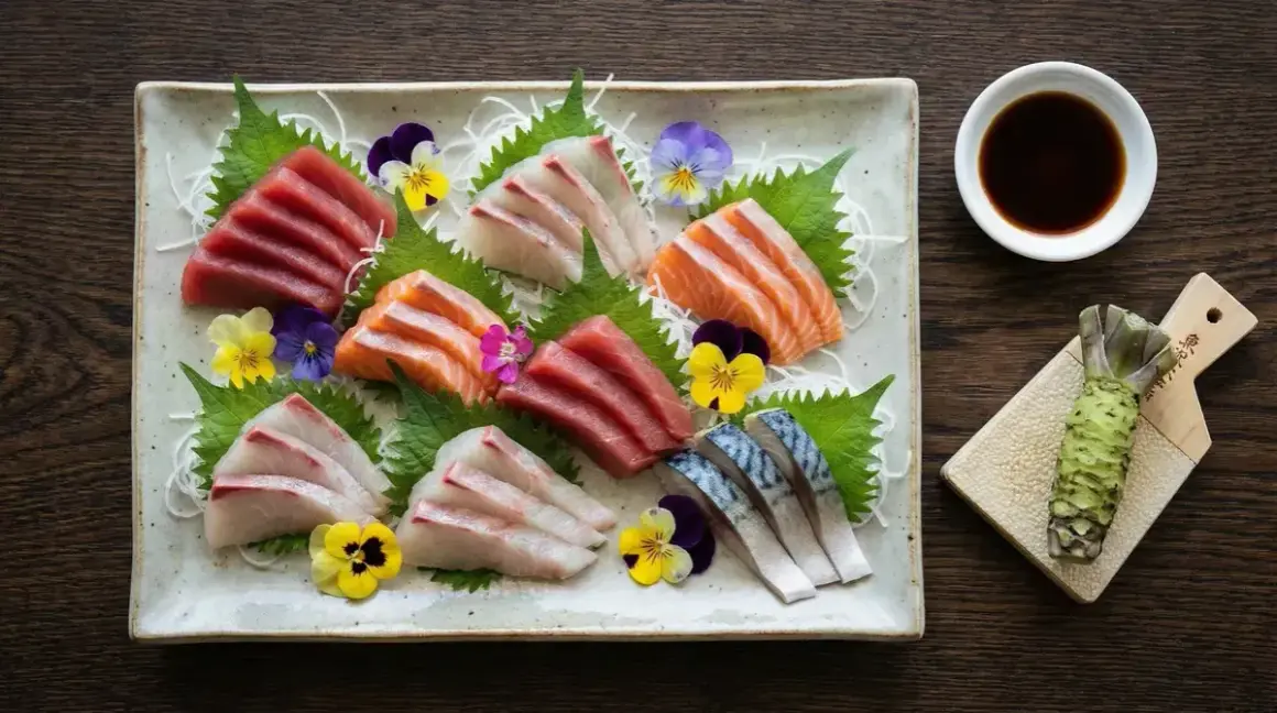 Vacker sashimi-tallrik med olika fiskar, garnerad med blommor. Bredvid finns en skål med sushi sås och en färsk wasabirot.