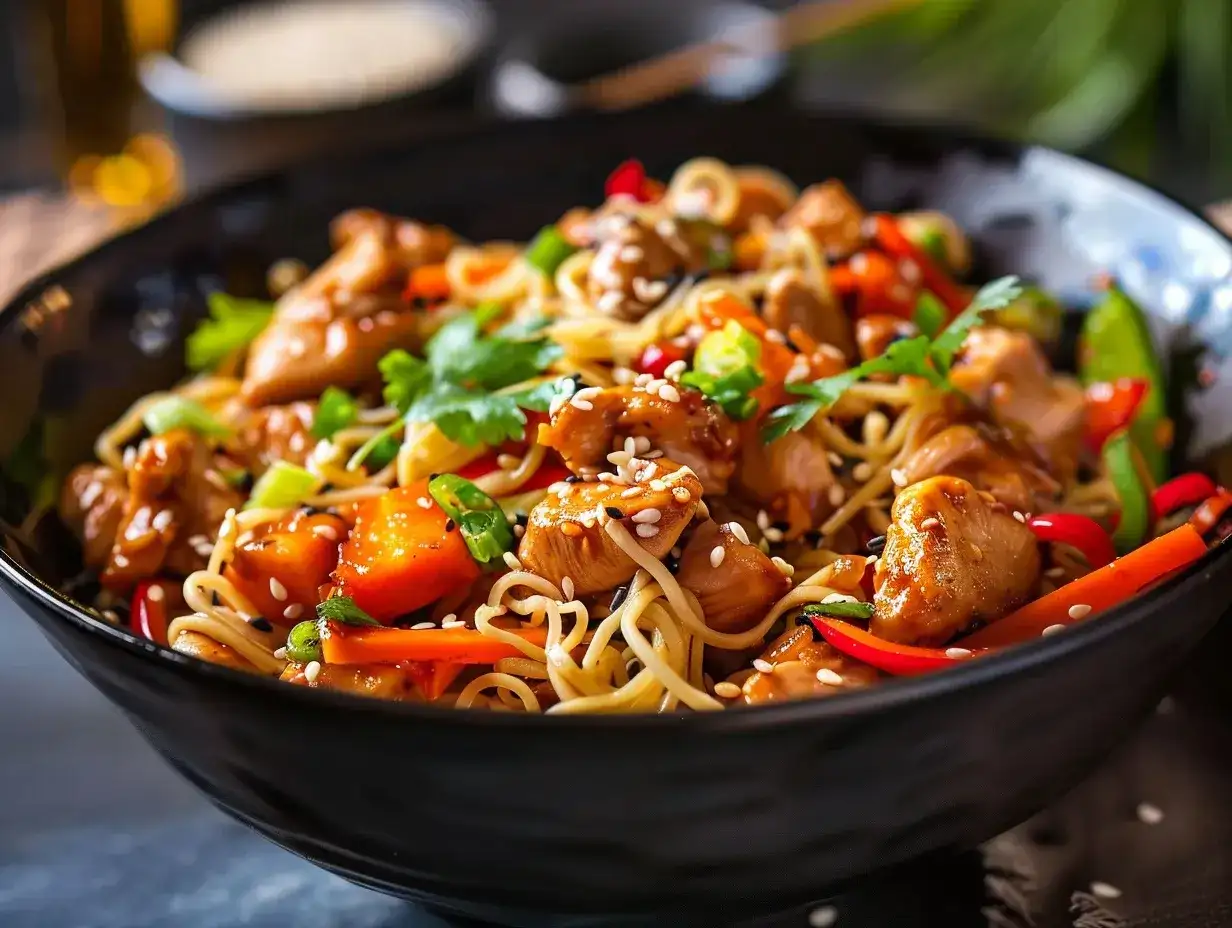 Kycklingwok med nudlar som blir saftig och krispig