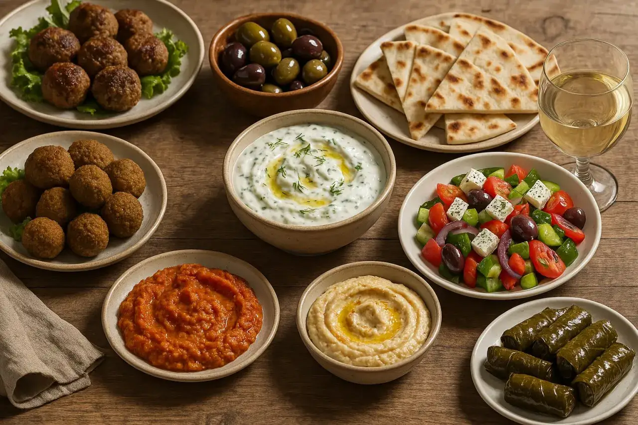 En härlig meze-buffé med köttbullar, hummus, tzatziki, grekisk sallad, oliver, fyllda vinblad och pitabröd. Perfekt för en mysig kväll!