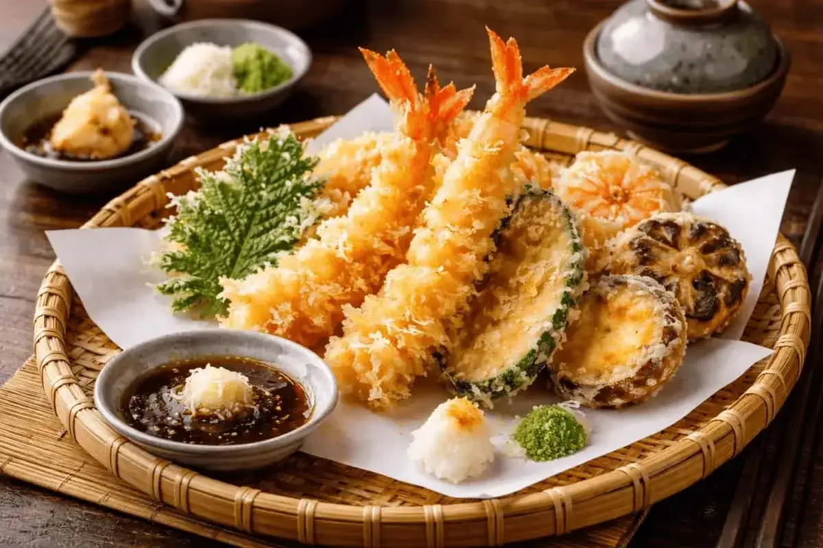 Krispig räktempura med grönsaker och dippsås.