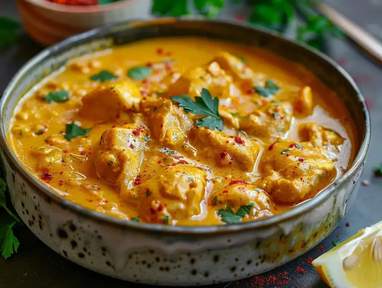 En krämig kycklingcurry med en hint av hetta, perfekt för ett smakrikt chilli recept. Garnerad med färsk persilja och en citronklyfta.