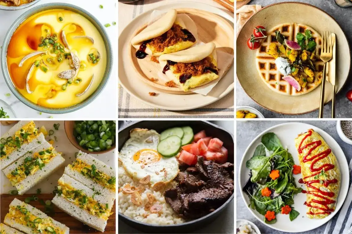 En samling av sex olika frukostar, perfekt för en billig frukost student. Här finns allt från äggmackor till en rejäl risrätt.