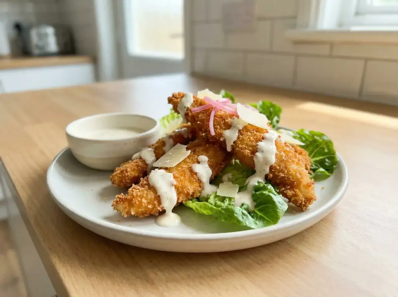 Krispig friterad kyckling serveras med sallad, parmesan och en krämig dressing. En läcker rätt som passar perfekt för en snabb lunch.