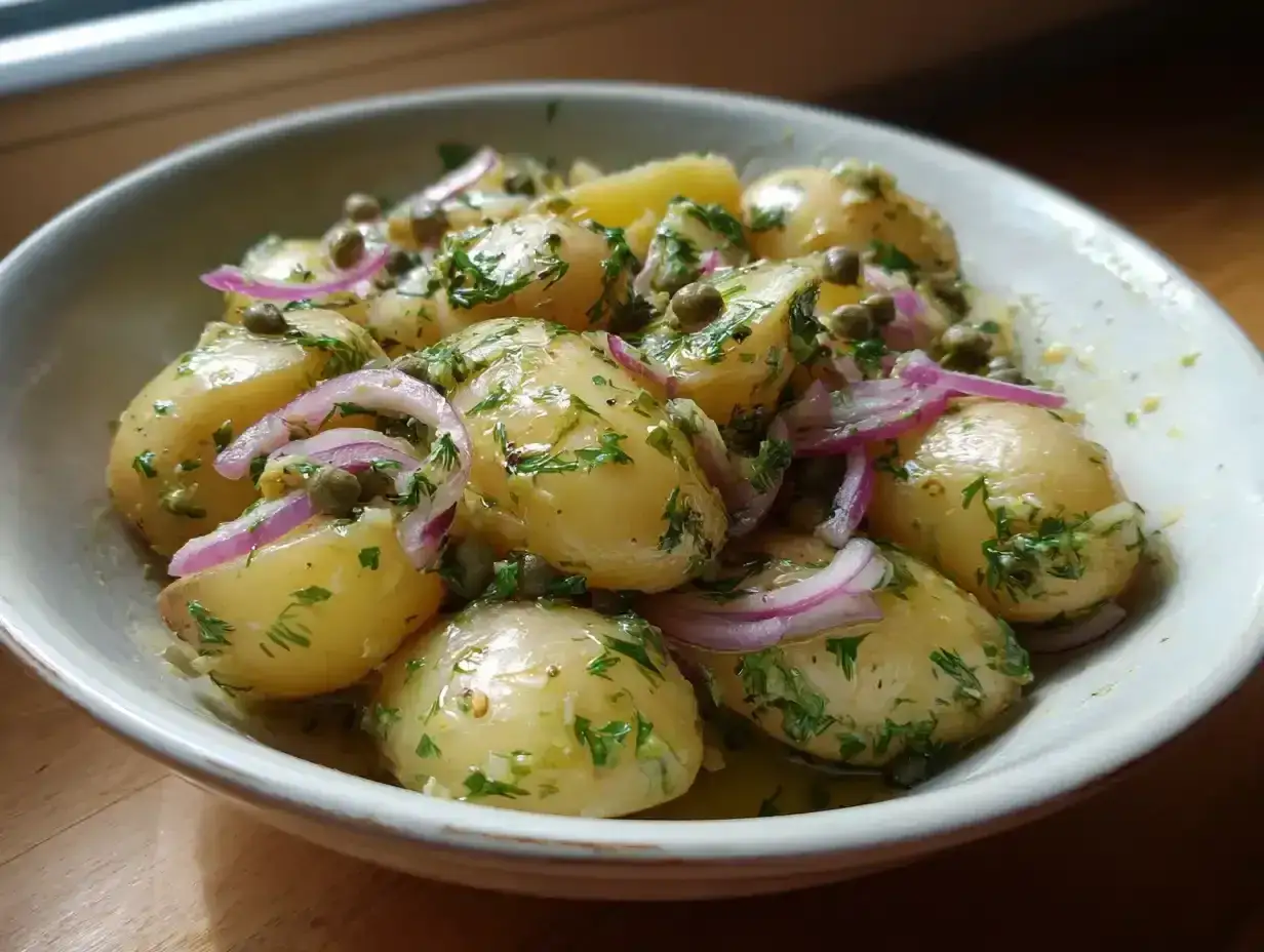 En skål med varm potatissallad med kapris, rödlök och färska örter.