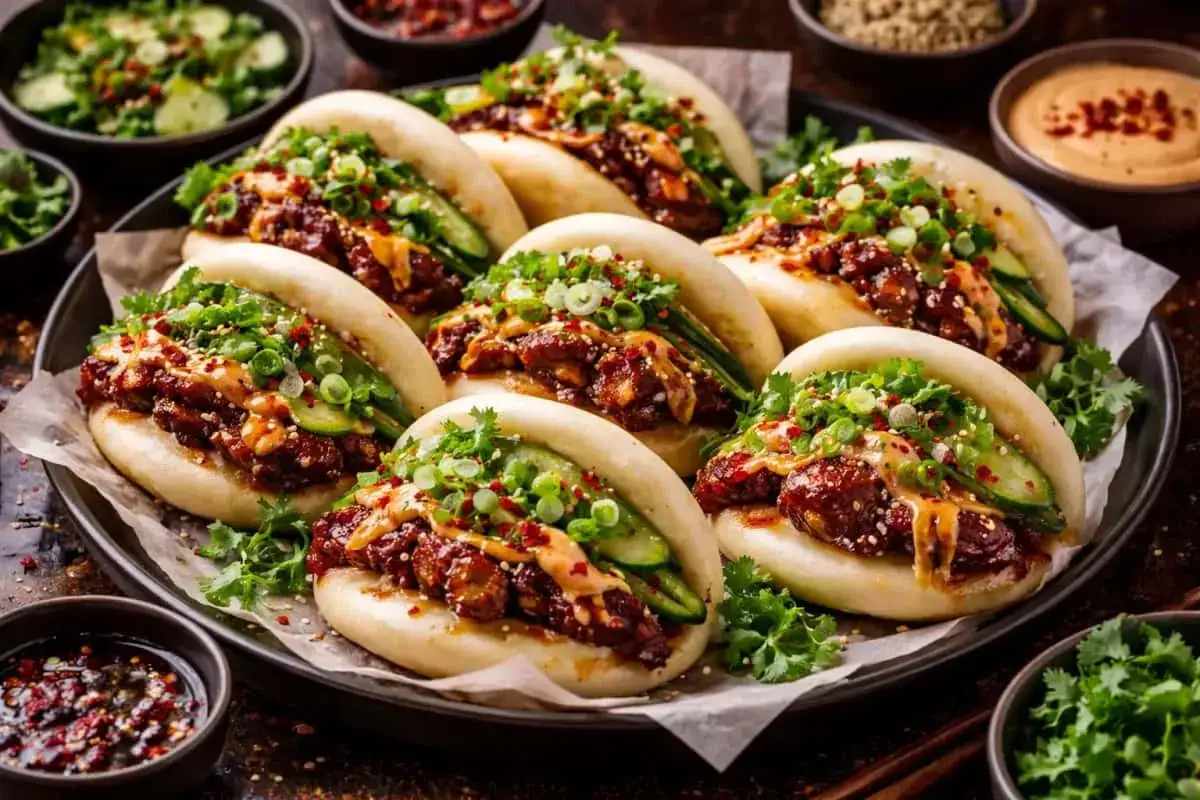 Läckra bao buns med fyllning av kött, gurka och grönsaker. Ett perfekt bao buns recept för en smakrik måltid.