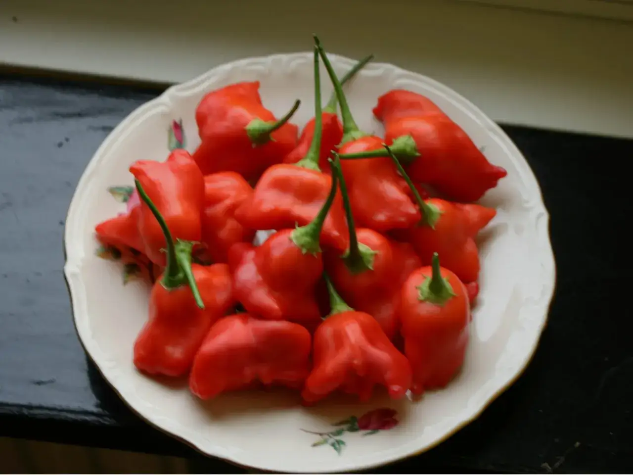 En skål med röda jamaican bell chili, kända för sin höga scoville-poäng.
