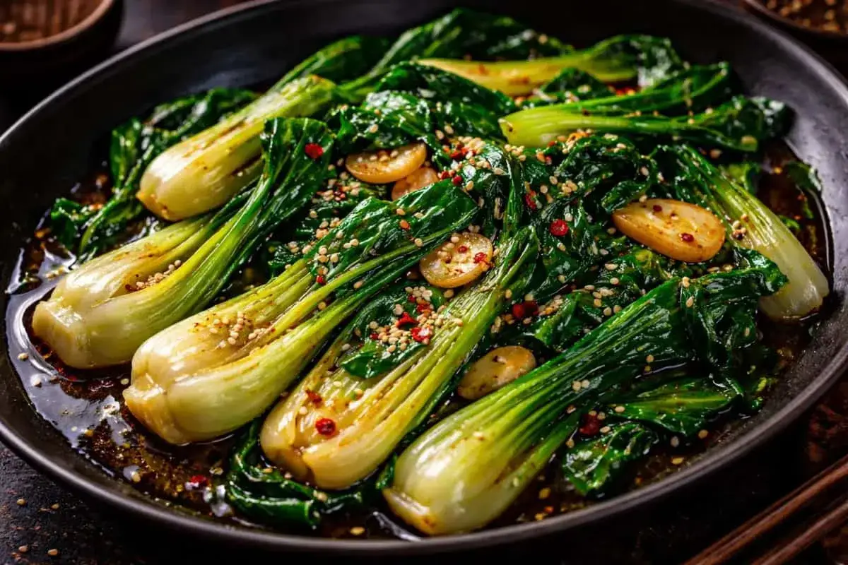 Enkel pak choi recept med vitlök, chili och sesamfrön. En läcker och snabb rätt.