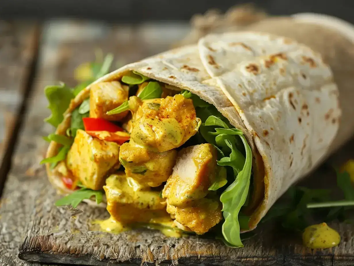 En saftig kyckling wrap med kr&auml;mig s&aring;s och f&auml;rska gr&ouml;nsaker, redo att avnjutas.