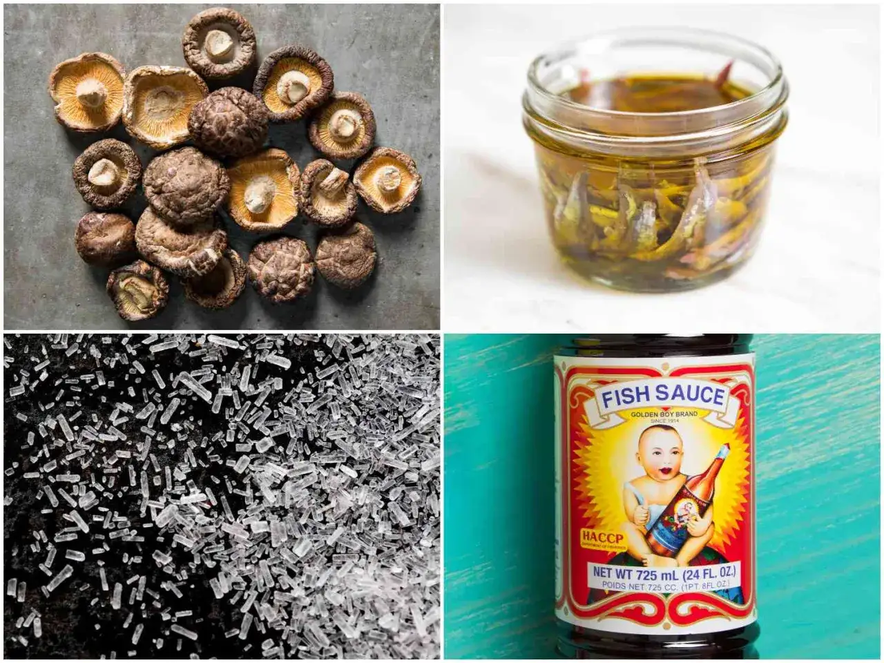 Torkade shiitakesvampar, ansjovis i olja, MSG-kristaller och fisks&aring;s. Ingredienser som ger den d&auml;r h&auml;rliga umami smaken.