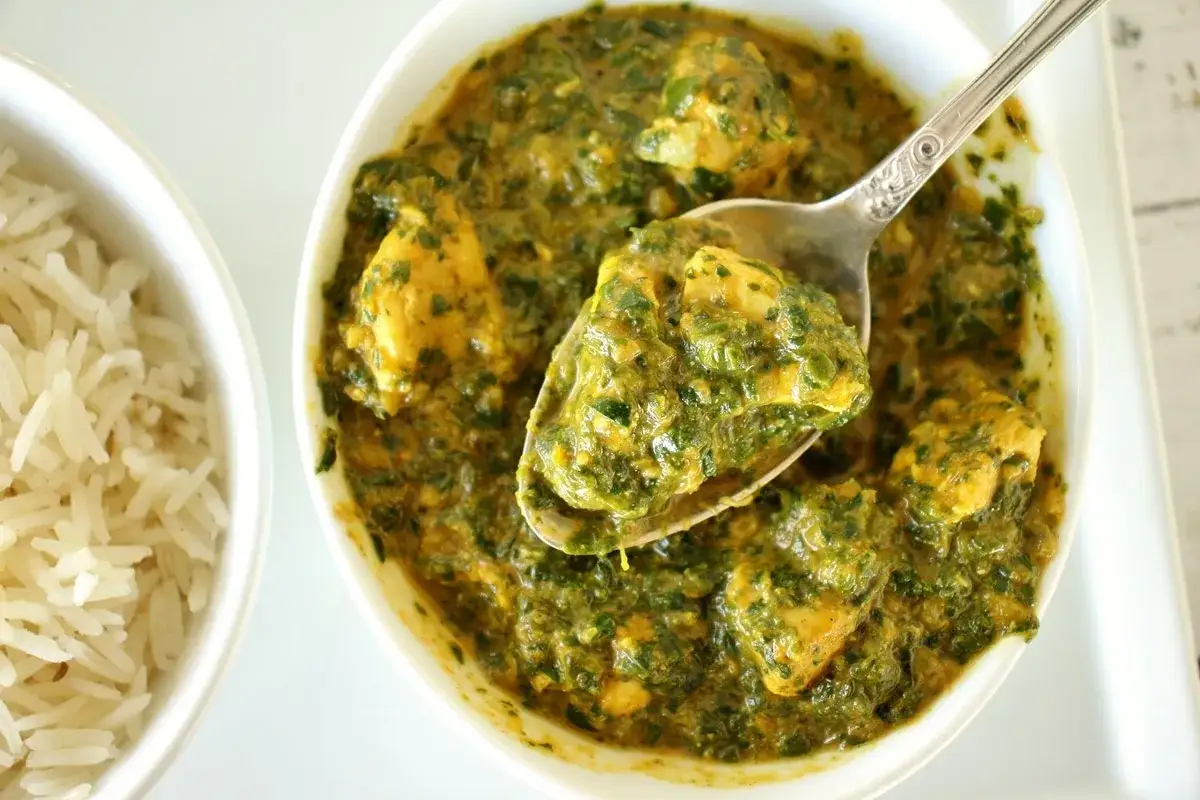 En sked lyfter upp krämig palak chicken ur en skål, bredvid en skål med fluffigt ris.
