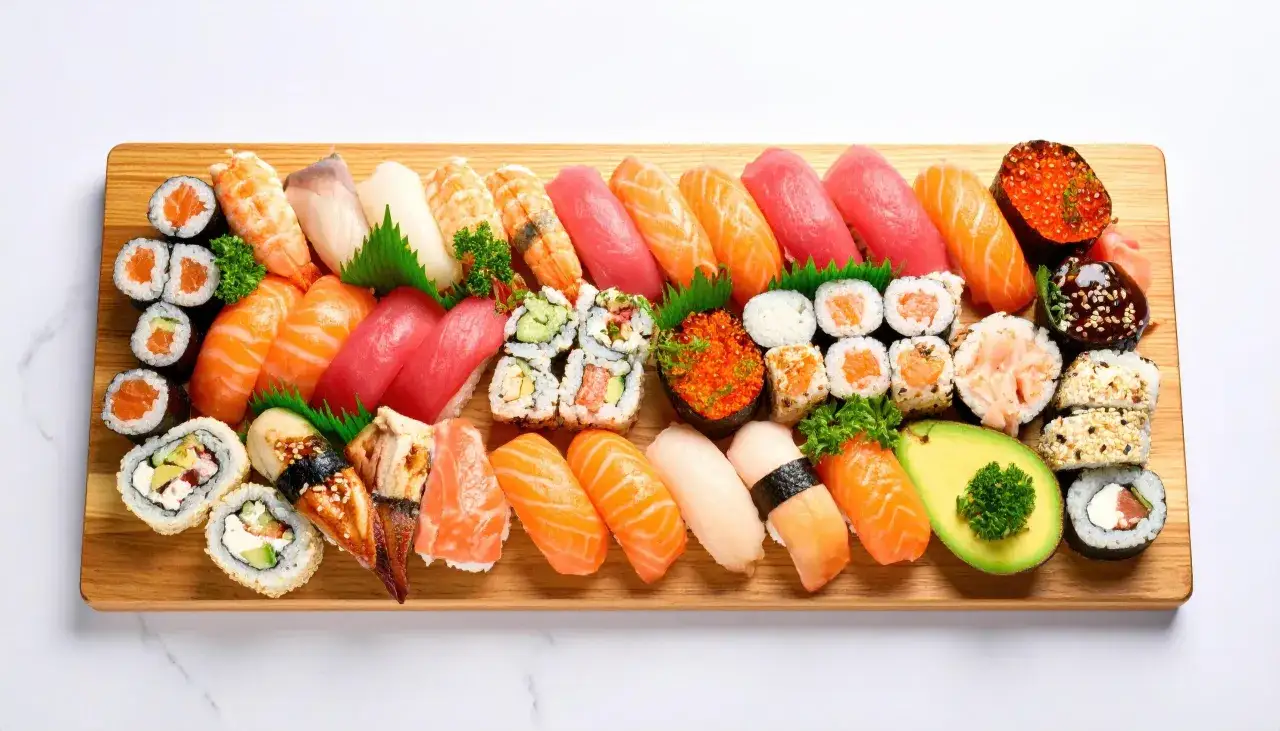 En stor bricka med olika typer av sushi, inklusive nigiri med lax, tonfisk och räkor, samt makirullar med avokado och gurka.