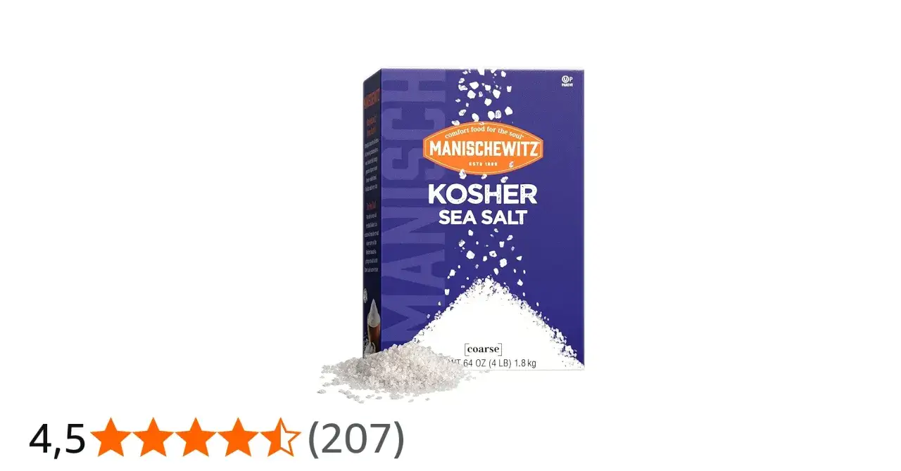 En låda Manischewitz Kosher Sea Salt, grovt havssalt, perfekt för matlagning.