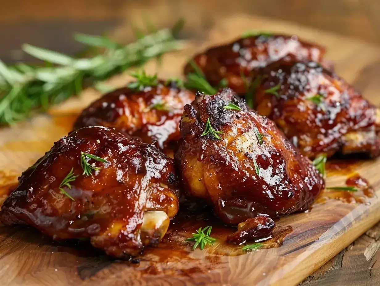 Glacerade kycklingklubbor med rosmarin, perfekta för ett gott kycklingklubbor recept. Serveras på en träskärbräda.