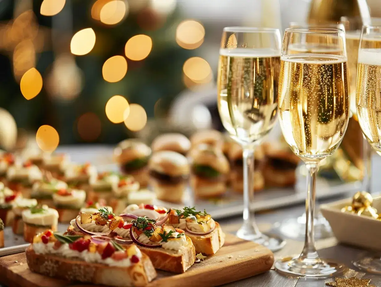 Festliga tilltugg till bubbel: små bruschettas med krämig topping och miniburgare, ackompanjerat av mousserande vin i glasen.