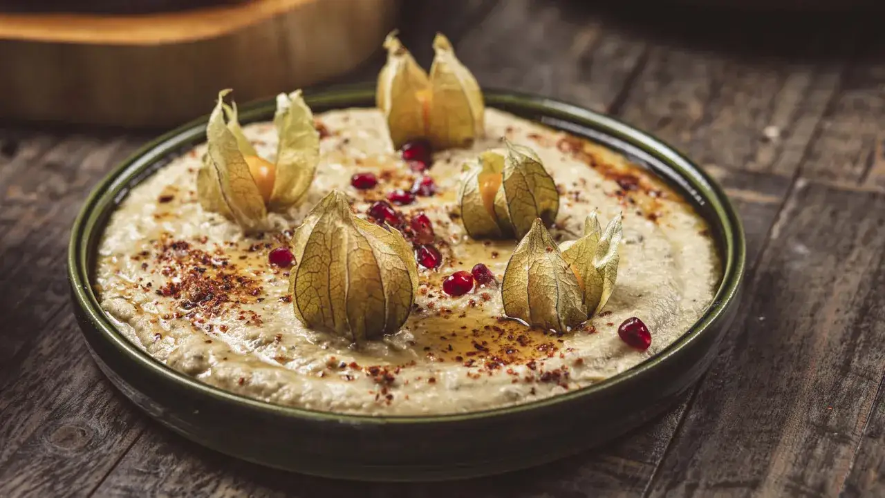 En skål med krämig baba ganoush, toppad med physalis och granatäppelkärnor, serverad på ett rustikt träbord.