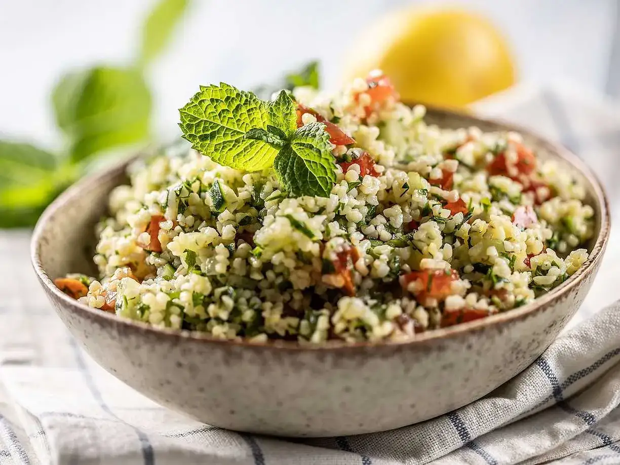 En skål med tabbouleh, en bulgursallad med tomat, persilja och mynta. Perfekt att koka bulgur i riskokare för en snabb och god måltid.
