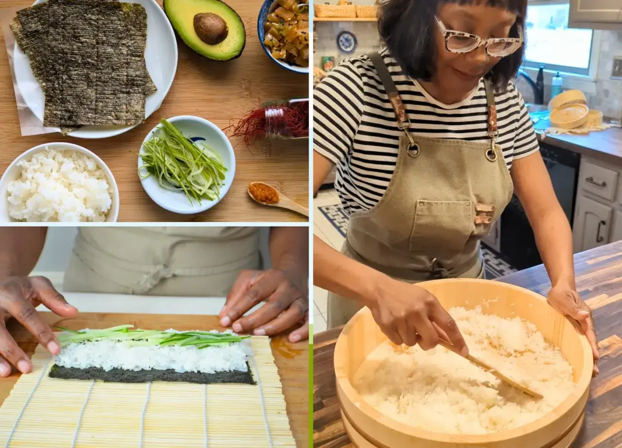 F&ouml;rbereder egen sushi med ris, nori, avokado och gurka. En kvinna blandar ris i en tr&auml;sk&aring;l.