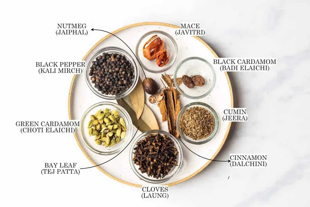 Ingredienser för garam masala recept: muskot, muskotblomma, svartpeppar, grön kardemumma, lagerblad, kryddnejlika, svart kardemumma, spiskummin, kanel.