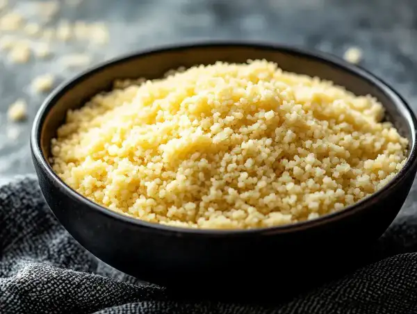 En skål med fluffig, gyllene bulgur, redo att koka zeina. Perfekt som tillbehör till din måltid.