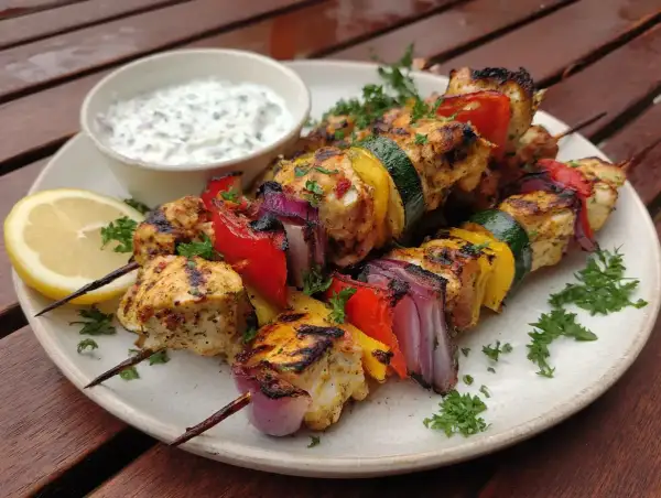 Grillade kycklingspett i ugn med grönsaker och en klyfta citron. Serveras med en krämig yoghurtsås.