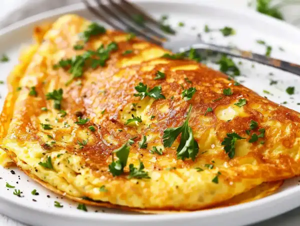 En gyllene omelett, perfekt för ett snabbt omelett recept. Garnerad med färsk persilja och serverad på en vit tallrik med en gaffel.