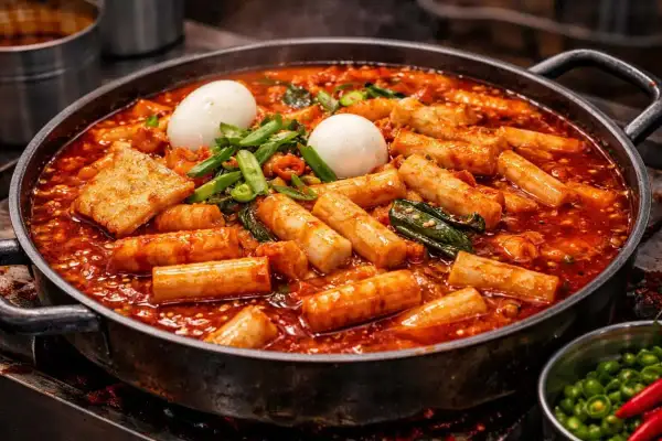 En stor panna med rykande het tteokbokki, perfekt för ett svenskt tteokbokki recept. Med riskakor, ägg och grönsaker.