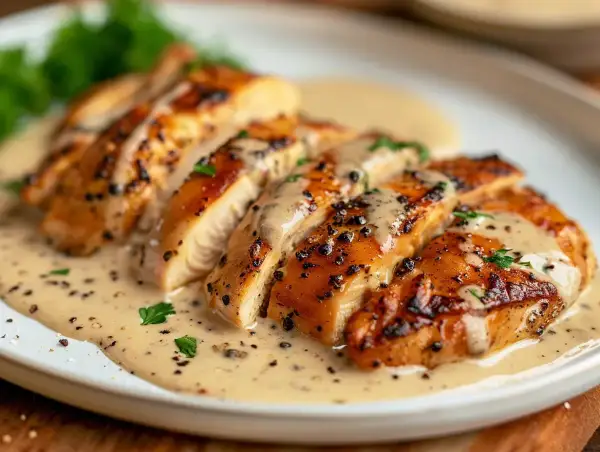 Skivad kycklingfilé med krämig pepparsås, ett utsökt kyckling recept. Garnerad med persilja och pepparkorn.