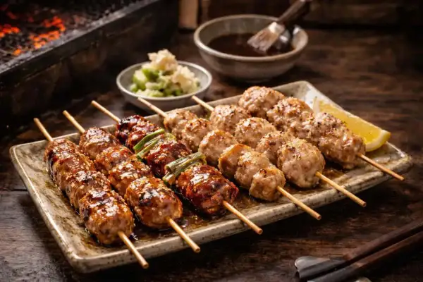 Grillade yakitorispett med en härlig yakitori sås, perfekt för en mysig middag.