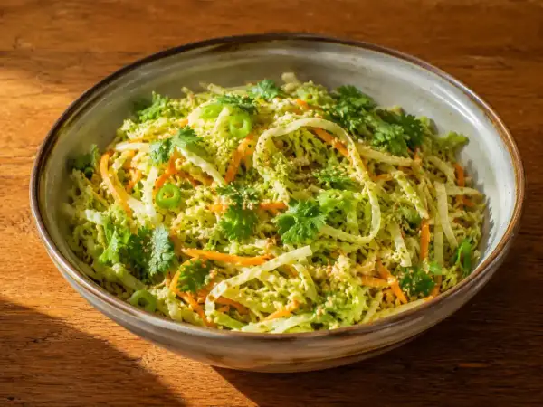 En skål med fräsch asiatisk kålsallad med strimlad kål, morötter, koriander och sesamfrön.