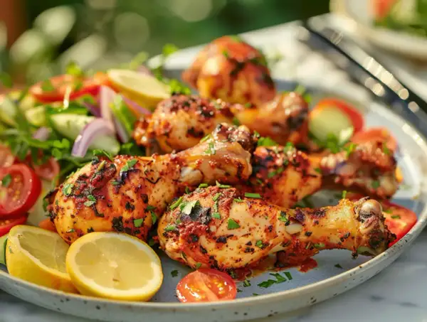 Grillade kycklingklubbor med en fräsch sallad och citronklyftor. Ett perfekt kycklingklubbor recept för sommaren!